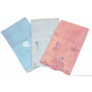 Vintage Linen Tea Towel Set 3 Cotton Floral Hand Embroidery 60's Cottagecore